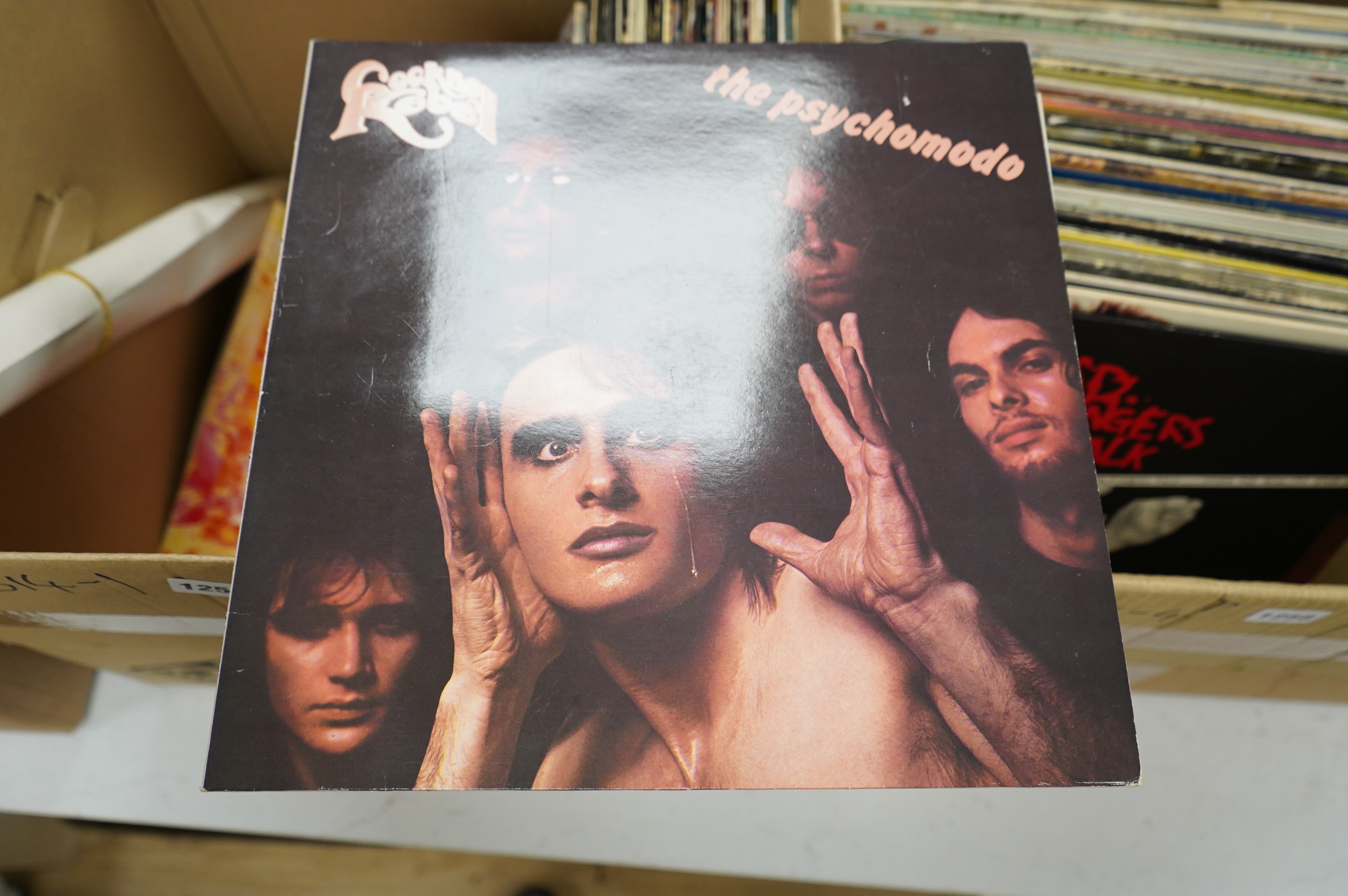 Thirty-two LP record albums, artists including David Bowie, together with issue one of the David Bowie fan club magazine and other ephemera including a David Bowie poster by George Underwood, other artists include; Led Z